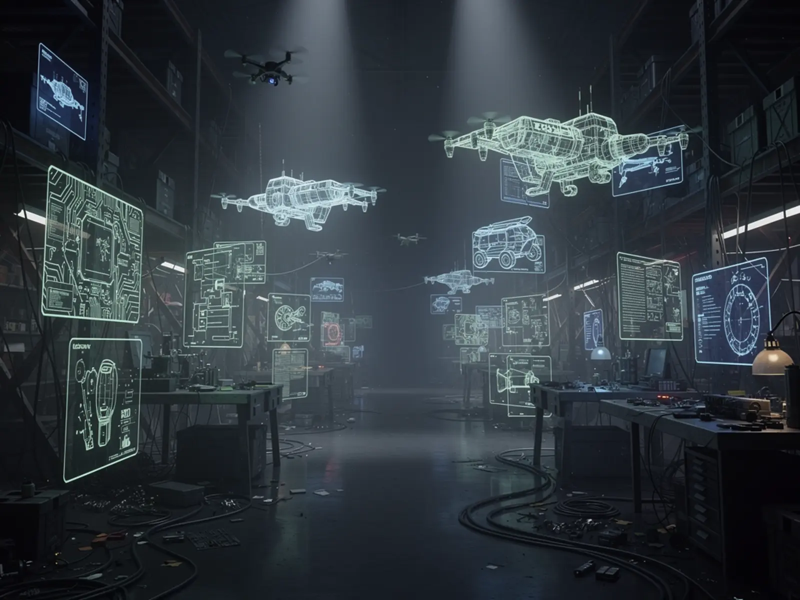 Concept illustration of an invention workshop with machines and technical studies